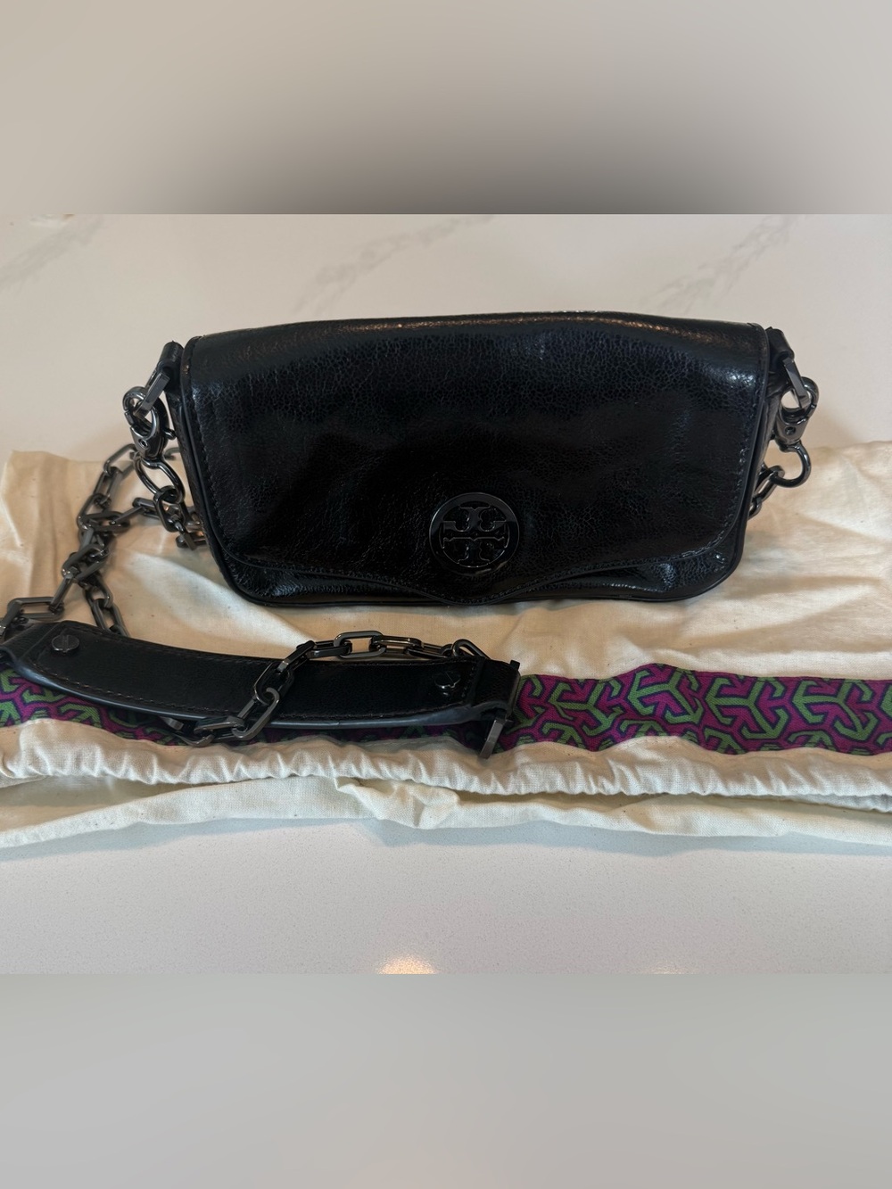 Tory Burch Mini Robinson Black Patent Leather Chain-Detail Crossbody